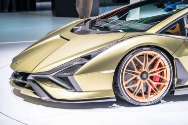 Frankfurt, Almanya - Eylül 2019, Uluslararası Otomobil Fuarı: Lamborghini Sian Fkp 37 spor otomobil