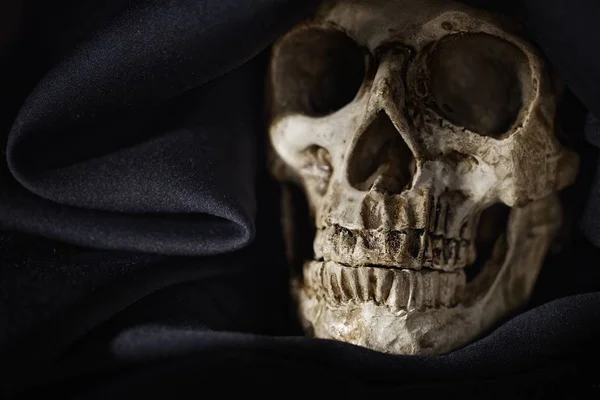 Фото крупным планом старый череп, покрытый черным халатом — стоковое фото