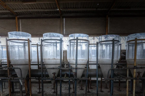 Abandoned industrial interior with breeding tanks — Stock Photo, Image