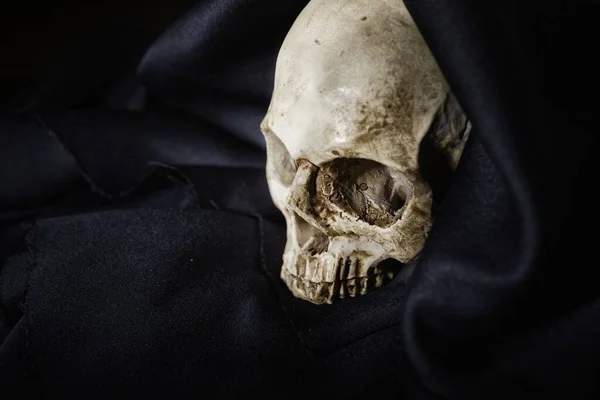 Nahaufnahme Foto eines alten Totenkopfes in schwarzer Robe — Stockfoto