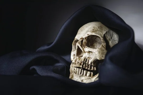 Closeup fotoğraf siyah cüppe kaplı eski bir kafatası — Stok fotoğraf