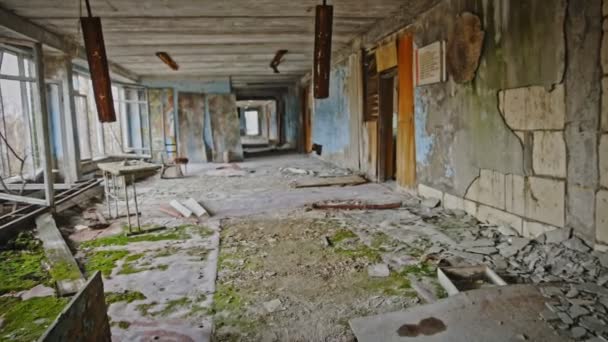 Verlaten Corridor Pripyat Chernobyl Uitsluitings Zone 2019 — Stockvideo