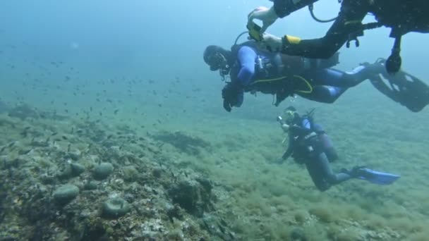 Podvodní výběžek potápěčů ve vodě — Stock video