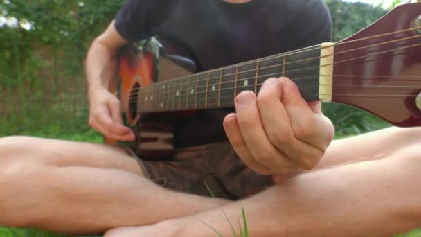 Man zittend in het gras gitaar spelen — Stockvideo