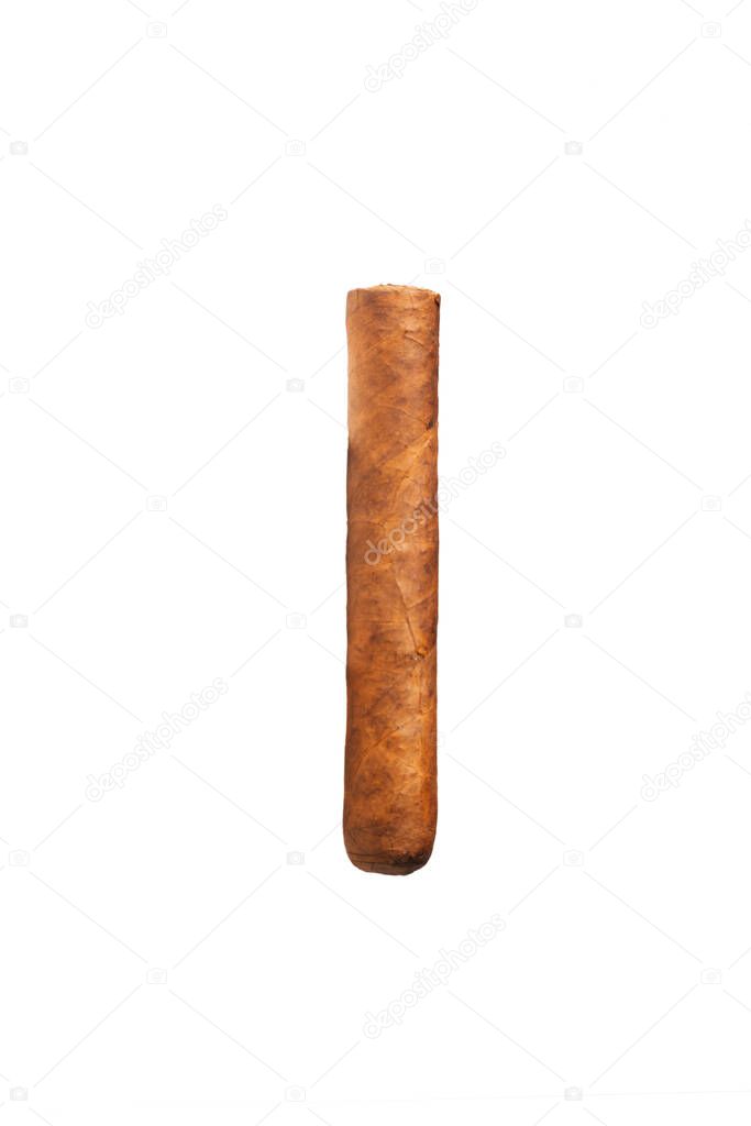 Big new cigar isolated on a white background. After work concept, Vertical shot.