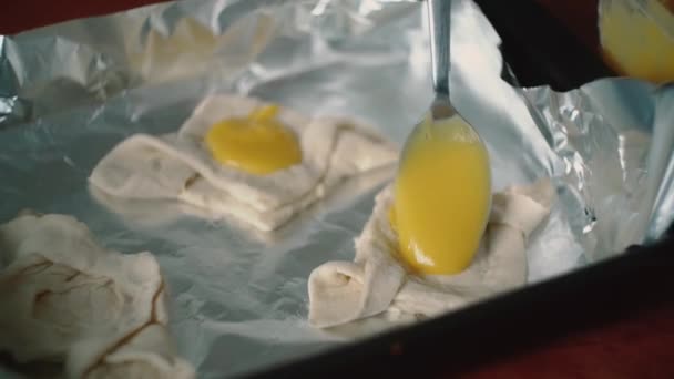 Esfregaço Com Creme Torta Torta Plano Assar Geléia Laranja — Vídeo de Stock