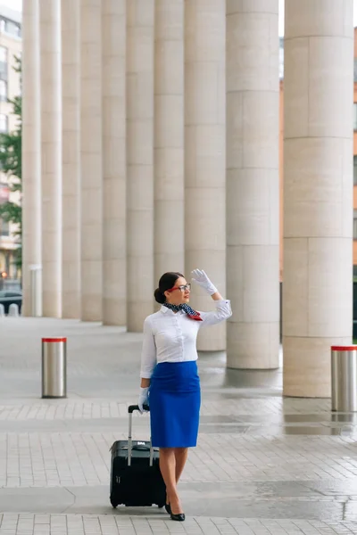 Stylish full length flight attendant in uniform with white gloves goes to work with a suitcase. High quality photo