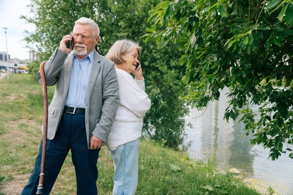 Pareja Ancianos Moda Tomando Selfie Samrton Parque Alegre Elegante Anciana — Foto de Stock