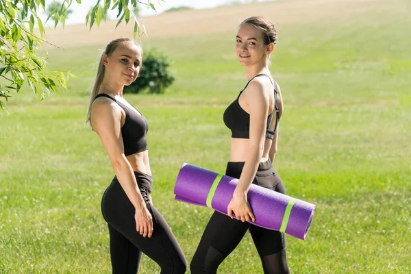 Junge Schöne Mädchen Athleten Park Dojat Yogamatte Outdoor Trainingskonzept Stockbild
