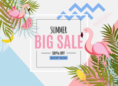 Palmiye yaprakları ve flamingolu soyut yaz arkaplanı. Vektör İllüstrasyonu