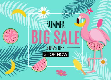Flamingo ve yaprakları ile soyut tropikal yaz Satılık arka plan. Vektör çizim