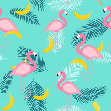 Beautifil yaz Dikişsiz desen arka plan palmiye ağacı yaprak siluet, muz ve dondurma ile. Vektör çizim