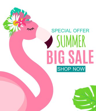 Palmiye yaprakları ve flamingolu soyut yaz arkaplanı. Vektör İllüstrasyonu