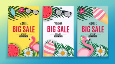 Palmiye yaprakları ve flamingolu soyut yaz arkaplanı. Vektör İllüstrasyonu