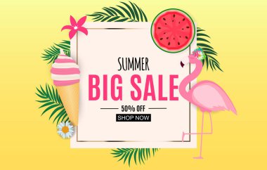Soyut yaz Satılık arka plan ile palmiye yaprakları, karpuz, dondurma ve Flamingo. Vektör çizim