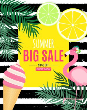 Yaz satış arka plan palmiye yaprakları, flamingo ve dondurma ile. Vektör çizim