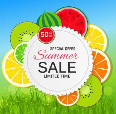 Soyut yaz Satılık arka plan taze meyve ile. Vektör çizim