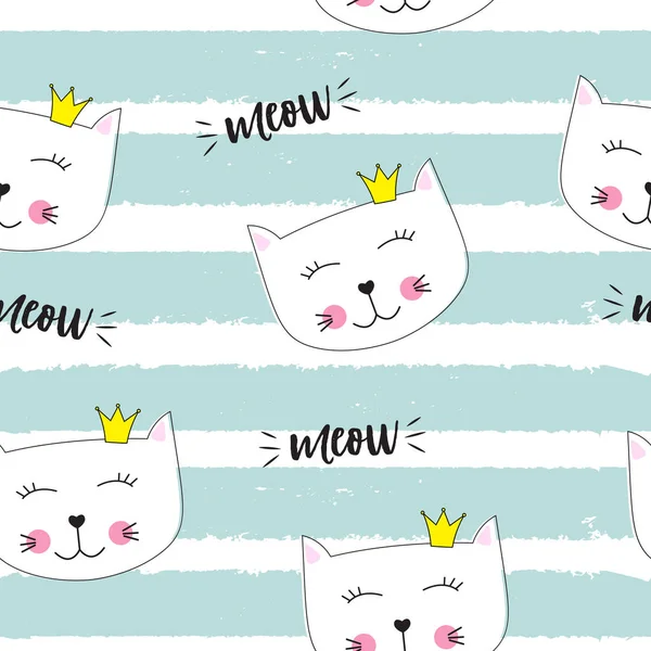 Little Cute Cat Princess Seamless Pattern Background Vector Illustration