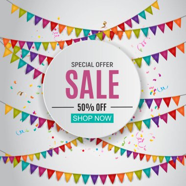 Soyut tasarımlar satışı büyük başlığı balonlar ve bayrakları ile. Vektör çizim Eps10