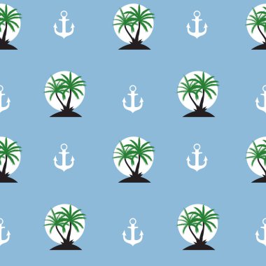 Çapa ve Hindistan cevizi hurma ağacı Adası ile Seamless modeli. Tropikal duvar kağıdı arka plan. Vektör çizim