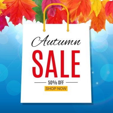 Parlak sonbahar yaprakları satışı büyük başlığı. İş indirim kartı vektör çizim