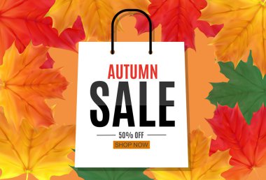 Parlak sonbahar yaprakları satışı büyük başlığı. İş indirim kartı vektör çizim