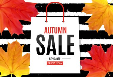 Parlak sonbahar yaprakları satışı büyük başlığı. İş indirim kartı vektör çizim