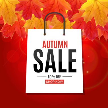 Parlak sonbahar yaprakları satışı büyük başlığı. İş indirim kartı vektör çizim