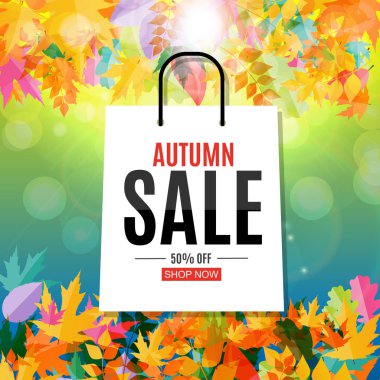 Parlak sonbahar yaprakları satışı büyük başlığı. İş indirim kartı vektör çizim