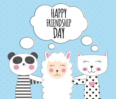 Küçük şirin Lama, panda ve kedi. En iyi arkadaşım kavramı. Mutlu dostluk günü. Vektör çizim