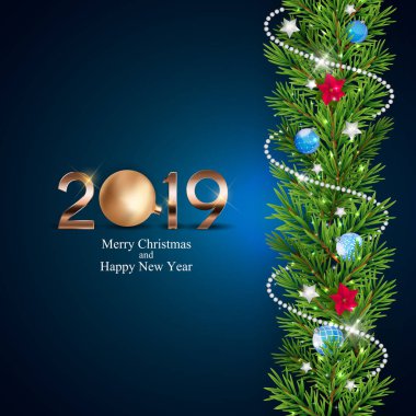 2019 yeni yıl Noel topu arka plan. Vektör çizim