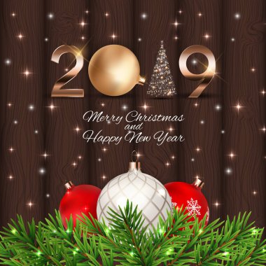 2019 yeni yıl Noel topu arka plan. Vektör çizim