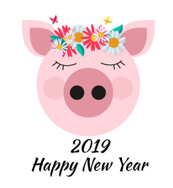 Mutlu yeni yıl 2019 şirin kart tasarımı ile karikatür domuz. Vektör çizim