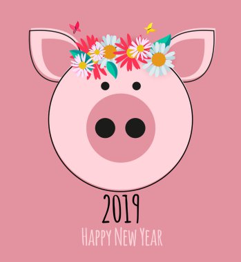 Mutlu yeni yıl 2019 şirin kart tasarımı ile karikatür domuz. Vektör çizim