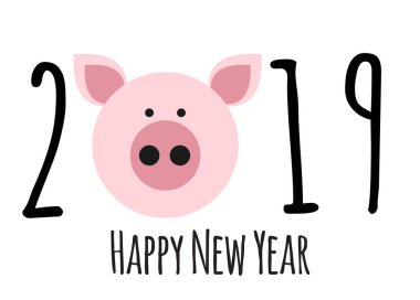 Mutlu yeni yıl 2019 şirin kart tasarımı ile karikatür domuz. Vektör çizim