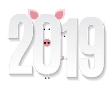 Mutlu yeni yıl 2019 şirin kart tasarımı ile karikatür domuz. Vektör çizim