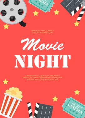 Soyut film gece sinema düz arka plan Reel, eski stil bilet, büyük Pop Corn ve Clapper sembol simgeler. Vektör çizim