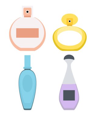 Parfüm ve adekalon şişe simgesi topluluğu. Vektör çizim