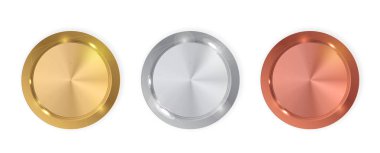 Şampiyon altın, gümüş ve bronz madalya. Simge işareti ilk, ikinci ve üçüncü sıra beyaz arka plan üzerinde izole. Vektör çizim Eps10