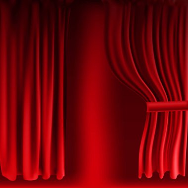 Gerçekçi renkli kırmızı kadife perde katlanmış. Seçenek evde sinema perdesi. Vektör çizim.