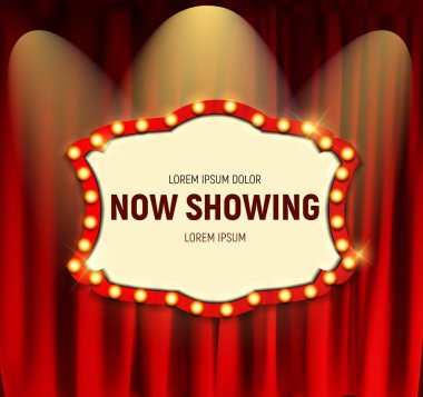 Gerçekçi retro sinema perdeleri arka plan karede ampul ile duyuru kurulu Şimdi gösteriyor. Vektör çizim Eps10