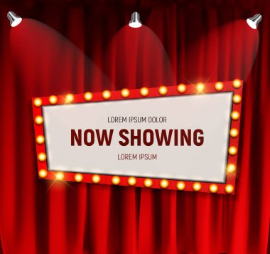 Gerçekçi retro sinema perdeleri arka plan karede ampul ile duyuru kurulu Şimdi gösteriyor. Vektör çizim Eps10