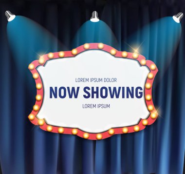 Gerçekçi retro sinema perdeleri arka plan karede ampul ile duyuru kurulu Şimdi gösteriyor. Vektör çizim Eps10