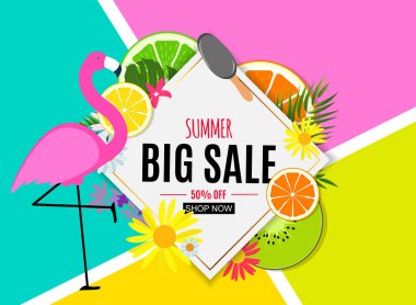 Palm Leaves ve Flamingo ile Soyut Yaz Satış Arka Plan. V