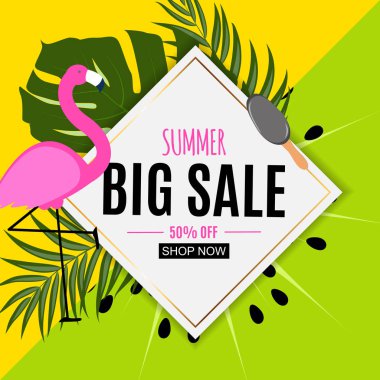 Palm Leaves ve Flamingo ile Soyut Yaz Satış Arka Plan. V