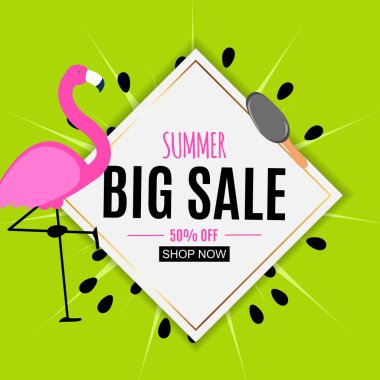 Palm Leaves ve Flamingo ile Soyut Yaz Satış Arka Plan. V