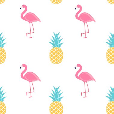 Tropik meyve Ananas ve Pembe Flamingo dikişsiz desen backgr