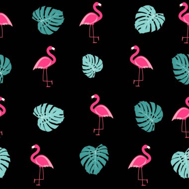 Tropic Palm Leaf ve Pembe Flamingo dikişsiz desen arka plan d