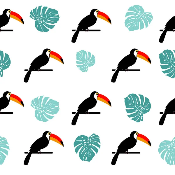 Tropic Toucan bird and palm leaf seamless pattern background des