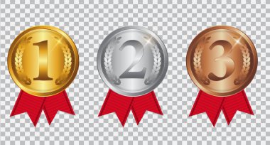 Kırmızı kurdele ile şampiyon altın, gümüş ve bronz madalya. Simge işareti ilk, ikinci ve üçüncü sıra şeffaf arka plan üzerinde izole. Vektör çizim